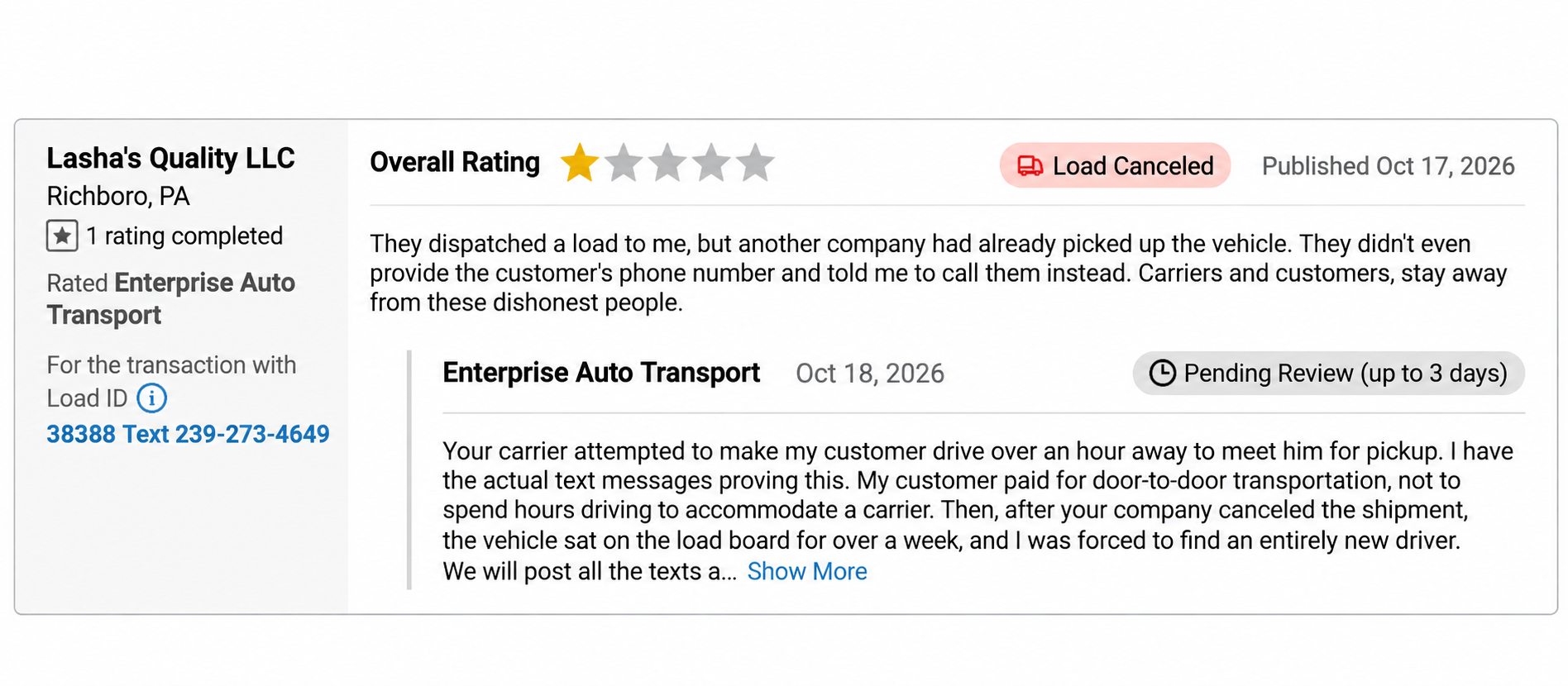 Supplied review screenshot showing Lasha's Quality LLC's one-star review and Enterprise Auto Transport's response marked Pending Review, up to 3 days