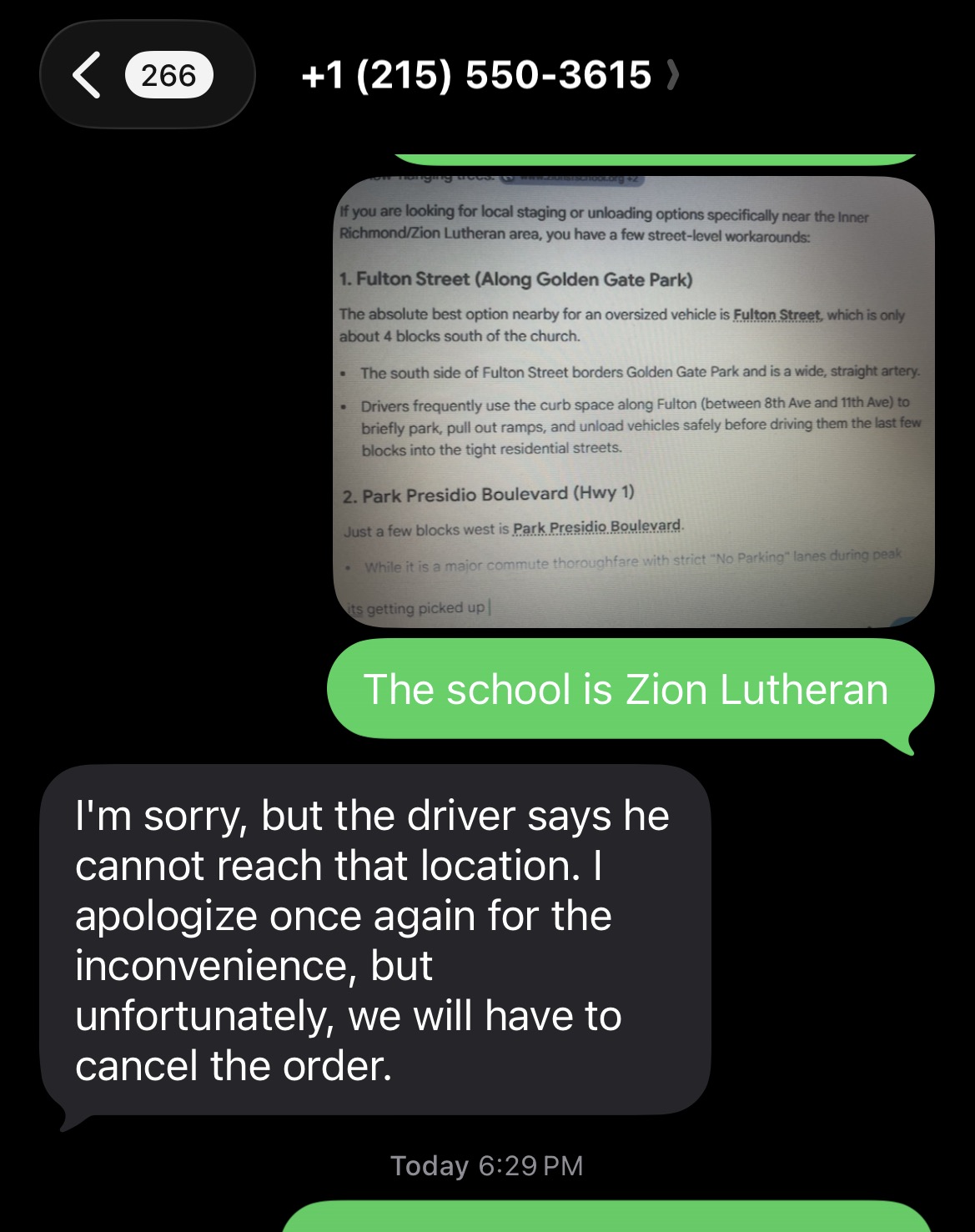 Original carrier text messages canceling the shipment