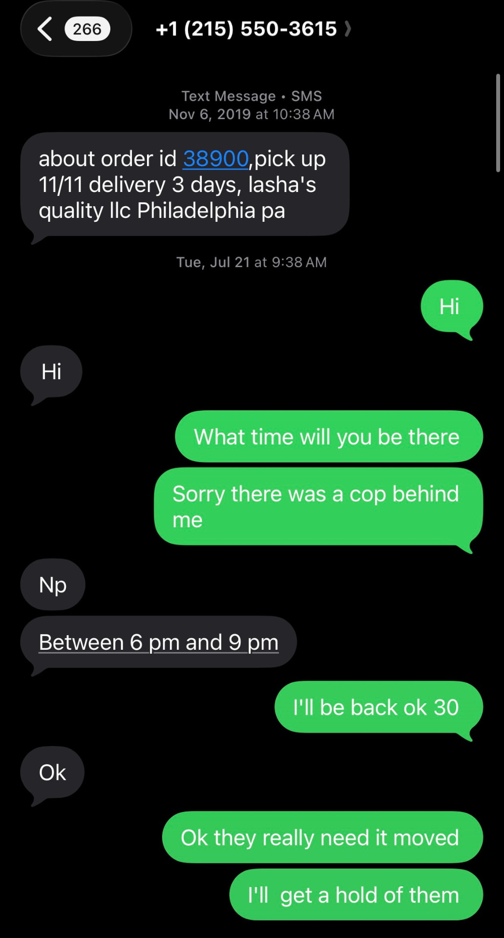 Original text conversation about the pickup arrangements and customer contact