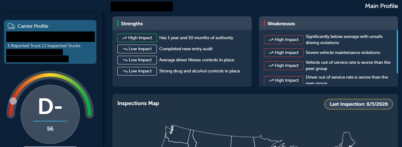 Redacted carrier-screening screenshot showing grade D-, score 56, 1 reported truck and 2 inspected trucks. Black bars conceal the carrier name, USDOT number and MC number.