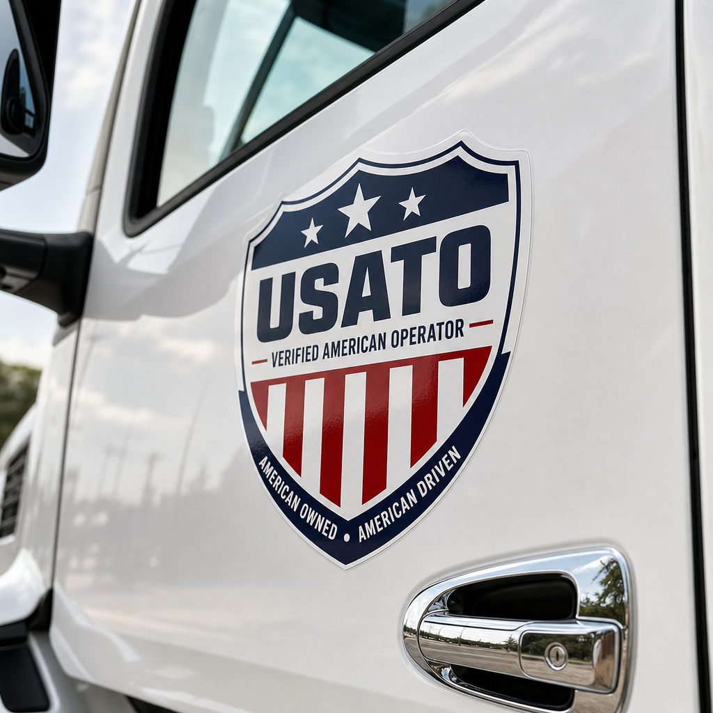 USATO Verified American Operator badge on an Enterprise Auto Transport truck