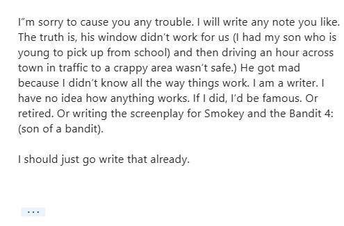 Client email describing the proposed hour-long drive and pickup concerns