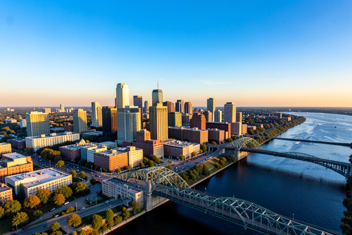 Aerial view of the Minneapolis skyline and the Mississippi River