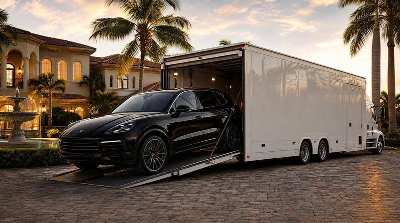 White enclosed luxury car hauler loading a Porsche at a gated estate