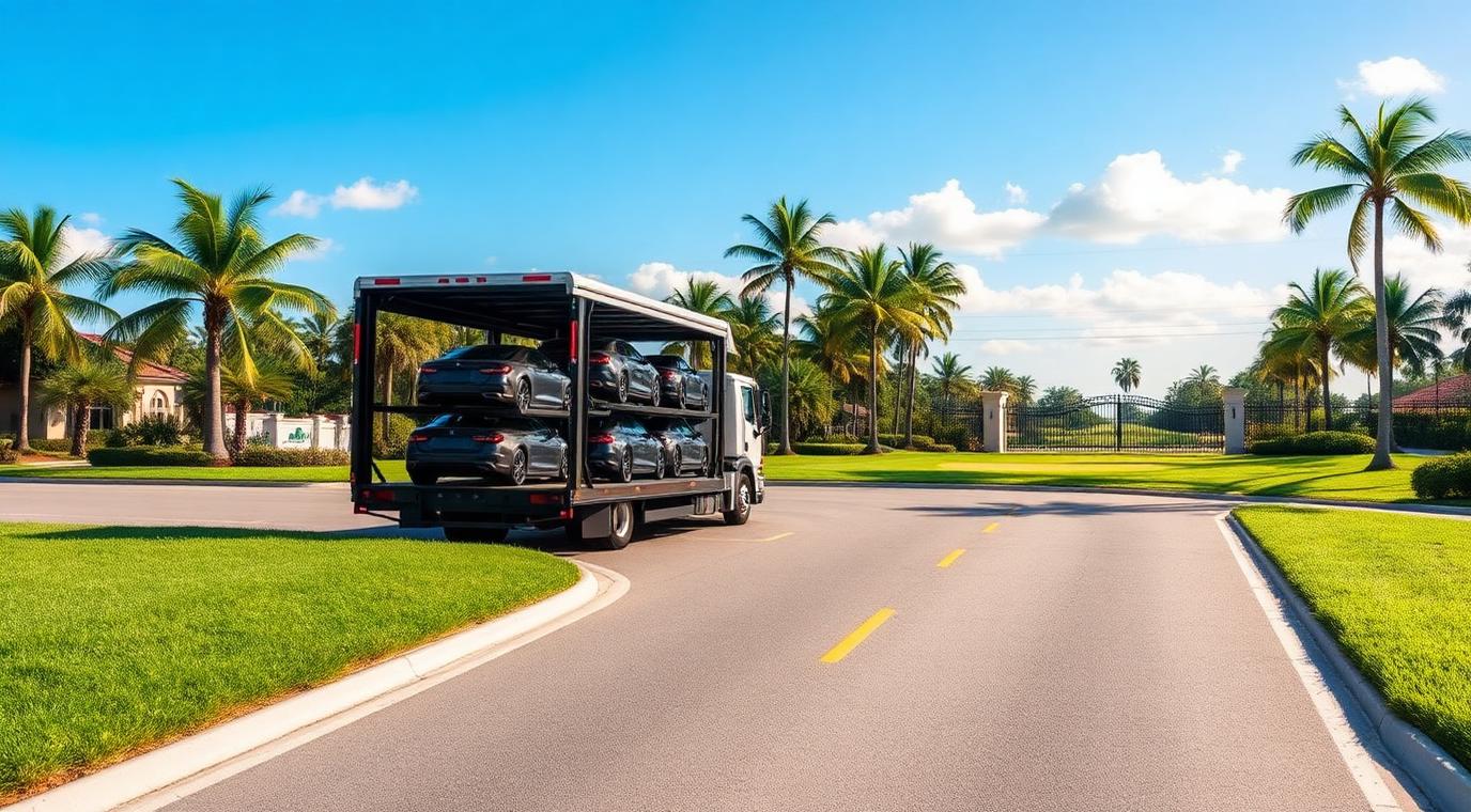 Open auto transport carrier beside a Florida golf community entrance