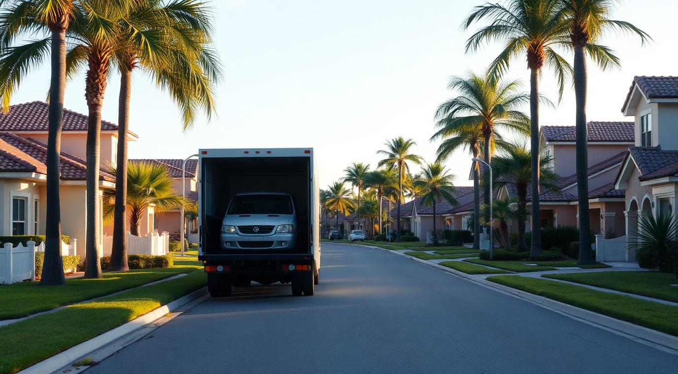 Auto transport carrier on a quiet Florida estate neighborhood street lined with palms