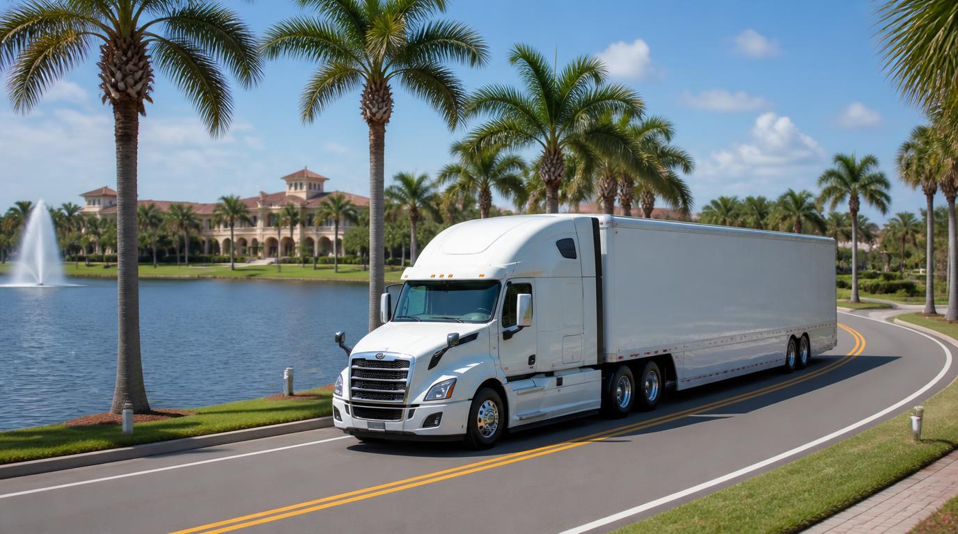 Auto transport carrier on a lakeside drive in a Florida active-adult community