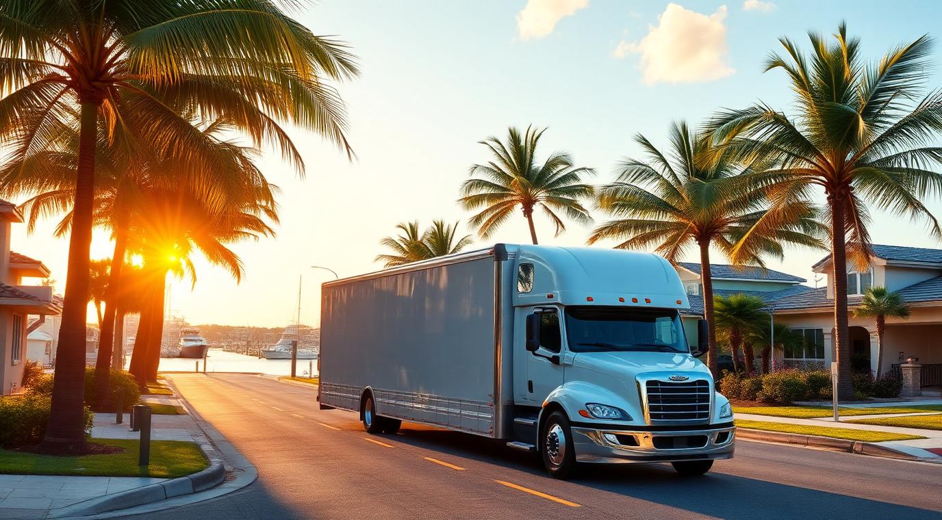 Enclosed auto transport carrier on a palm-lined waterfront street in coastal Florida
