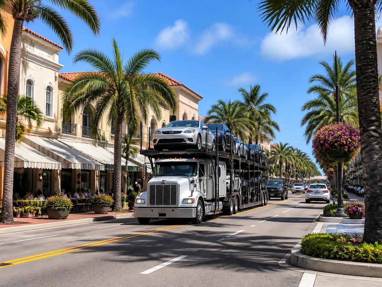 Open multi-car carrier hauling vehicles down 5th Avenue South in Naples, Florida