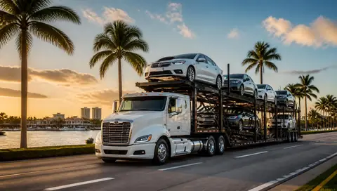 Car hauler loaded with vehicles on a palm-lined Southwest Florida highway at sunset